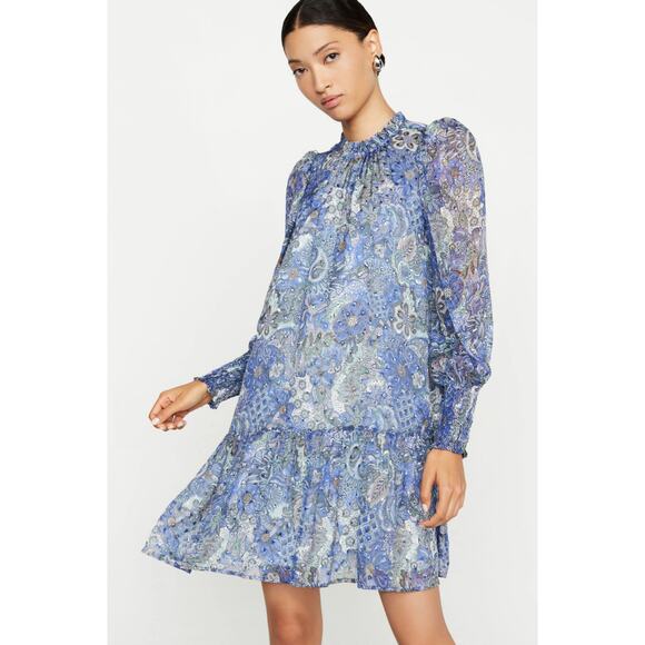 Marie Oliver Dresses & Skirts - MARIE OLIVER Irena Mini Dress Size Large Silk Metallic Ruffle Smocked Boho Chic